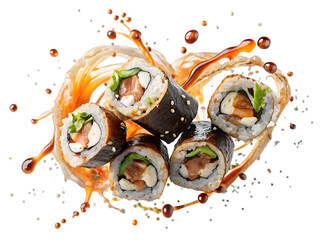 sushi rolls with sauce isolated on white background