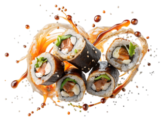 sushi rolls with sauce isolated on white background