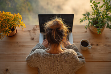 Person works on laptop in home office with plants and coffee on desk in early morning light