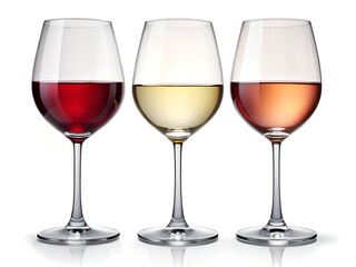 red white rose wine glasses isolated on white background