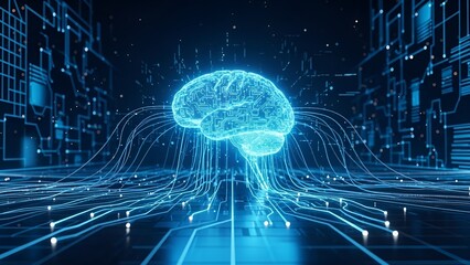 Futuristic artificial intelligence concept featuring a glowing digital brain connected to data streams, representing neural networks, machine learning, and advanced technology.