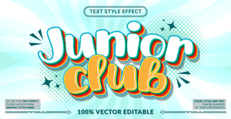 Editable text effect vector &ldquo;Junior Club&rdquo; features cute cartoon lettering with playful shapes and bright colors, perfect for kids clubs, children events, schools, and fun promotions.