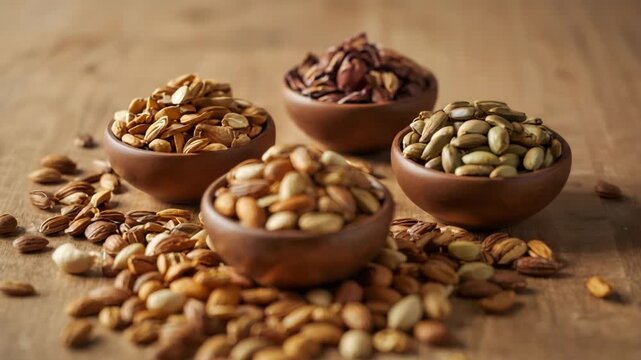Wooden bowl of assorted nuts almond pistachio shelled nut roasted almond mix rustic table cozy mood