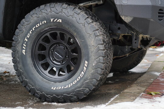 Bucharest, Romania &ndash; December 27, 2025: Closeup of Method wheel with BFGoodrich all-terrain tire mounted on pickup truck