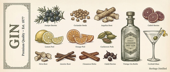 Explore the rich heritage of premium gin collection with engraved artistry featuring botanicals