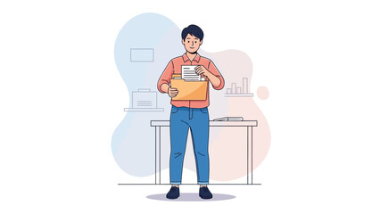 Fototapeta premium Young professional man organizing documents in an office workspace with desk and shelves