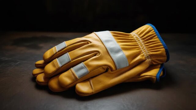 Yellow leather work glove protective safety glove pair with reflective strip and rugged trim
