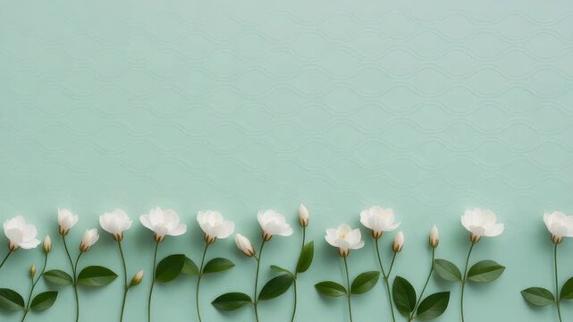 White flower row on mint background spring mood with single stem green leaf floral row