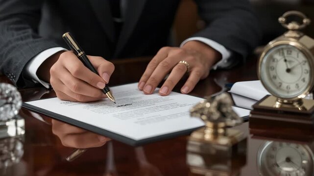 Businessperson signing contract with pen polished desk and clock. formal legal document focus