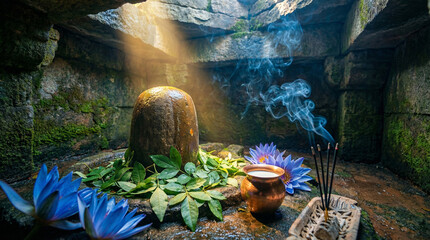 Shiva Lingam in Ancient Cave with Blue Lotus and Incense, Spiritual Offering