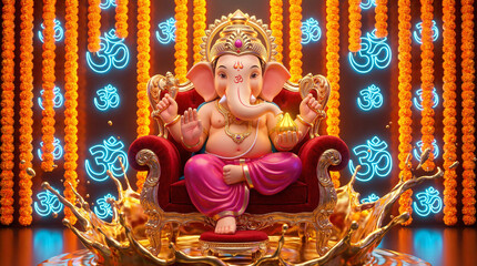 Lord Ganesha on Golden Throne with Om Symbols and Marigold Garlands, Festive Indian Deity