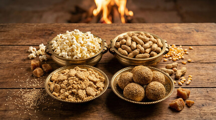 Traditional Lohri Snacks: Popcorn, Peanuts, Gur Rewari (Jaggery Sweets) on Wooden Table with Fire