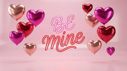 Be Mine Neon Text with Heart Balloons, Romantic Valentine's Day Greeting