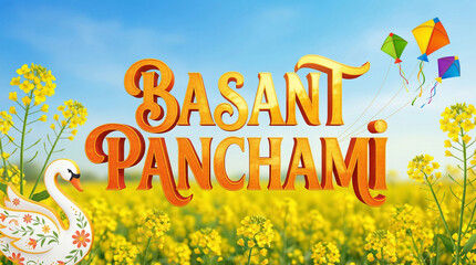Basant Panchami Celebration with Mustard Field, Swan, and Kites, Spring Festival
