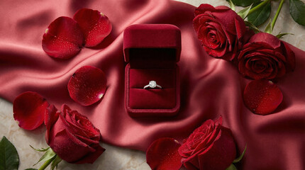 Diamond Engagement Ring in Velvet Box with Red Roses and Petals, Romantic Proposal