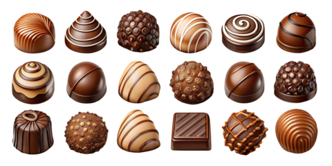 Assorted chocolates on white background isolated on a transparent background sweets candies brown