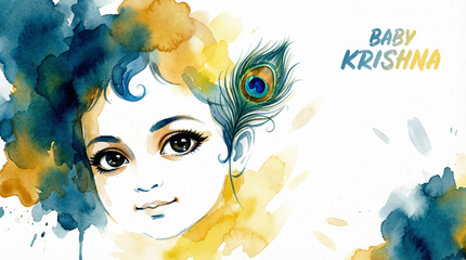 Baby Krishna Watercolor Portrait with Peacock Feather, Artistic Indian Deity
