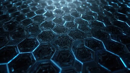 Futuristic glowing hexagon grid neon blue metallic pattern with hexagonal circuit lines and moody - Powered by Adobe