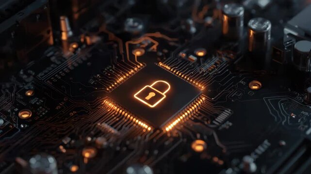 Glowing circuit microchip padlock security electronics motherboard warm orange light cybersecurity