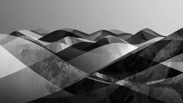 Monochrome layered abstract hills with textured overlapping waves and soft gradients creating moody