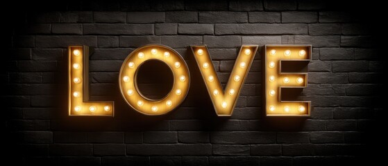 Marquee light sign displaying the word love against a dark brick wall with space for additional text in a bright yellow and orange color scheme