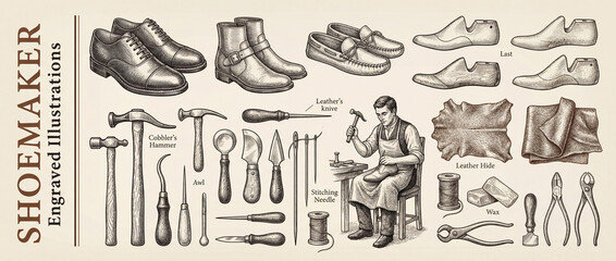 Craftsmanship shines in premium collection of engraved shoemaker illustrations with tools and footwear design elements