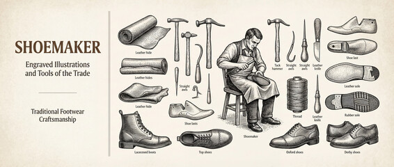 Engraved artistry showcases the traditional craftsmanship of a shoemaker with premium tools and materials