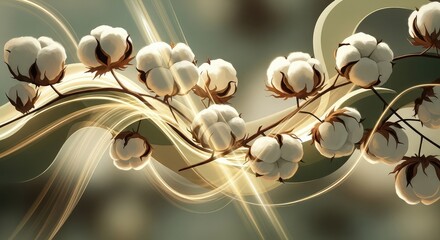 Cotton flowers with golden light and wavy lines on a green background