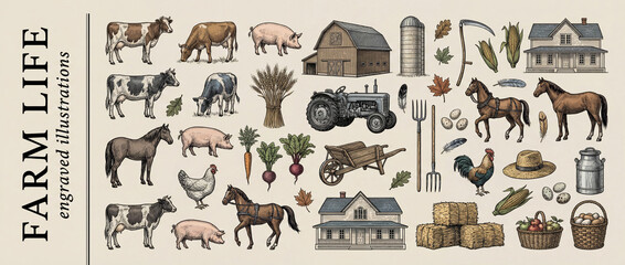Exploring the charm of farm life through beautiful engraved illustrations of animals, produce, and rustic scenery