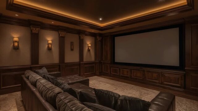 Luxurious home theater room with leather sofa, wood paneling, ambient lighting and projection