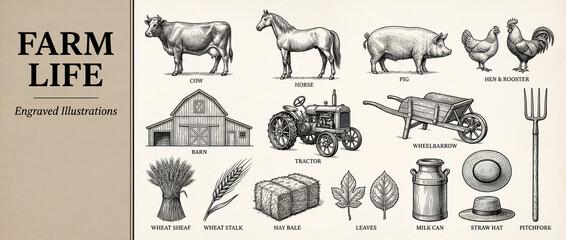 Explore the beauty of farm life through engraved illustrations showcasing animals and tools found in a rustic countryside setting