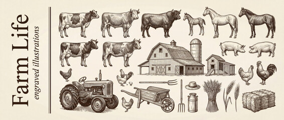 Vintage engraved collection showcasing farm life with charming animals and rustic tools set in a peaceful countryside scene