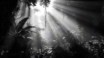 Black and white tropical forest with sunlight shining through the leaves, a mysterious and serene atmosphere.
