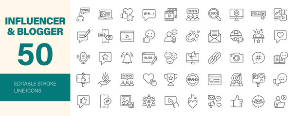 Influencer and Blogger icon set. Editable line icons. Vector illustration.