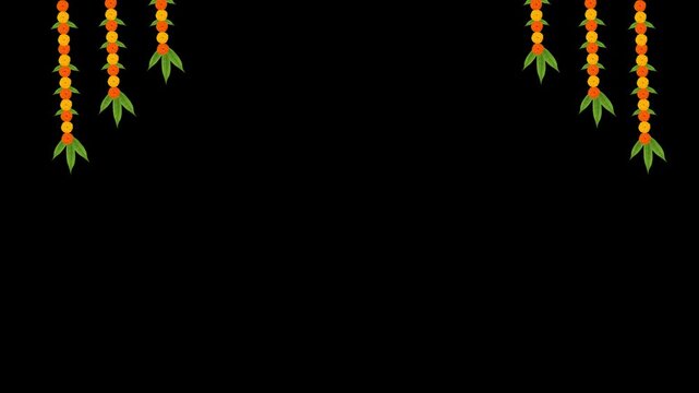 Animated marigold flower garland with alpha background for Hindu festivals and weddings