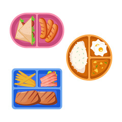 Bento Box and Meal Tray Food Illustration Set with Various Dishes