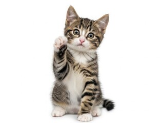Obraz premium Adorable kitten raising paw against white background