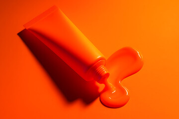Vibrant orange cosmetic tube with liquid spilling out on orange background