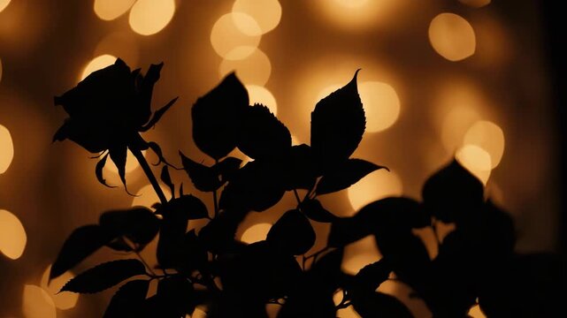 Silhouette rose with warm bokeh lights and soft leaf stem light creating romantic mood