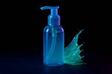 Glowing blue hand sanitizer bottle with liquid splash on dark background