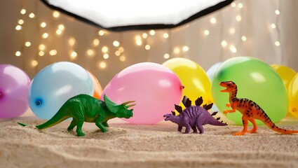 Cute Dinosaur Toys Celebrating National Draw a Dinosaur Day with Colorful Balloons and Lights