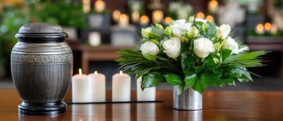 Close-up of ornate metal mausoleum jar with white roses and candles for remembrance at a funeral setting, blurred lights in background, capturing reflection on solemn moments