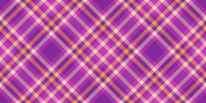 Modern seamless check vector, gingham plaid pattern textile. Hobby fabric tartan background texture in purple and magenta colors.
