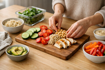 Preparing Grilled Chicken and Fresh Vegetables for Healthy Meal