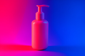 A pink bottle with a pump on a colorful background