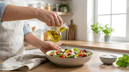 Adding Olive Oil to Fresh Salad During Meal Preparation