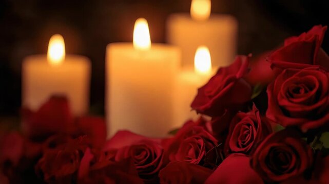 Romantic red rose candle bouquet bloom petal candlelight warm glow intimate evening fragrance