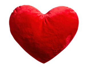 A plush red heart pillow sits against transparent background