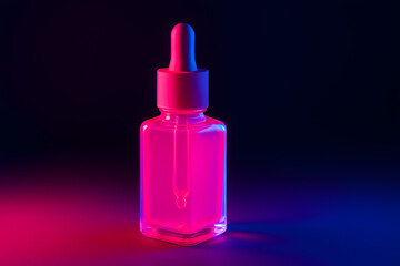 A glass dropper bottle filled with pink liquid on a dark background with colorful lighting