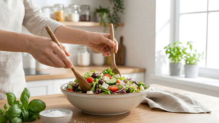 Mixing Fresh Salad for Healthy Meal Preparation